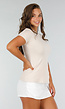 Beige Stretch T-Shirt met Split, Korte Mouwen en Aansluitende Pasvorm