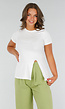 Wit Stretch T-Shirt met Zijsplit, Ronde Hals en Korte Mouwen