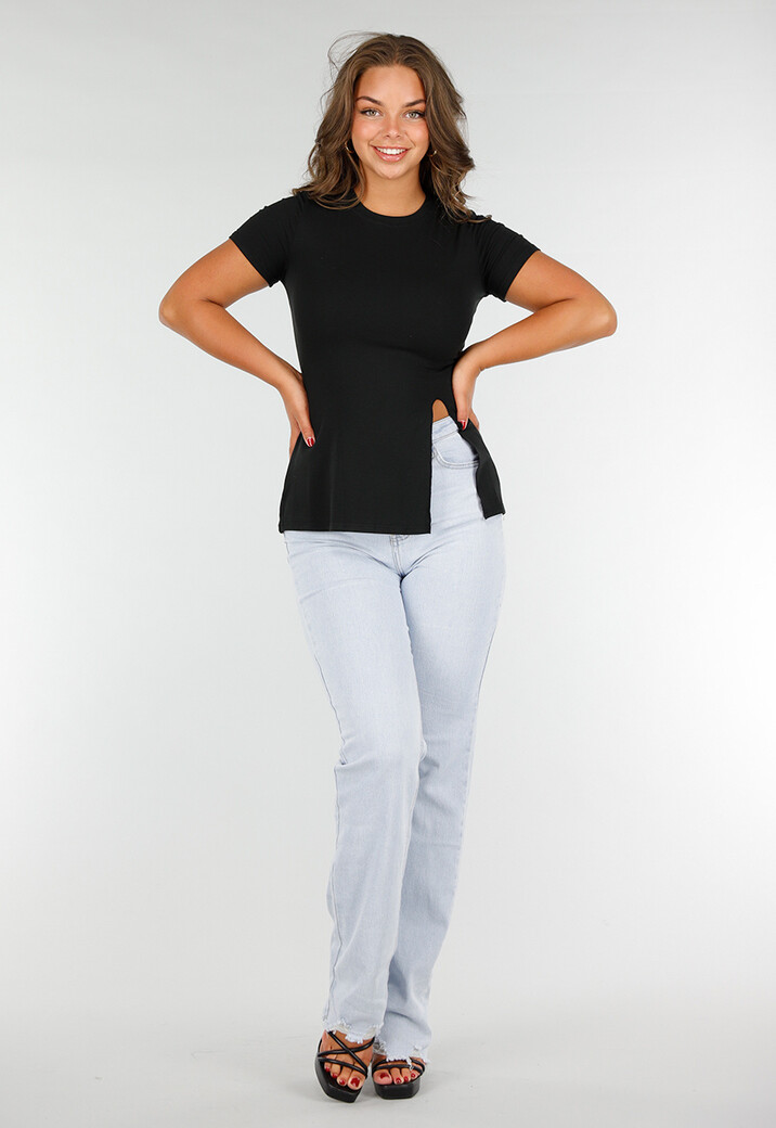 Zwart Stretch T-Shirt met Slim Fit, Ronde Hals en Zijsplit