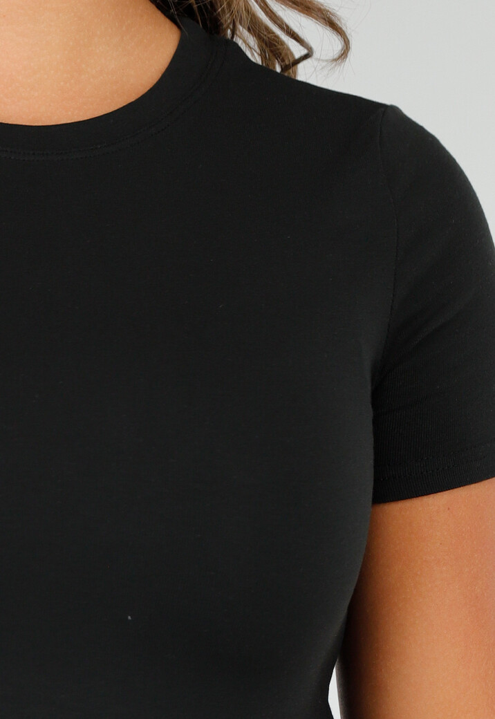 Zwart Stretch T-Shirt met Slim Fit, Ronde Hals en Zijsplit