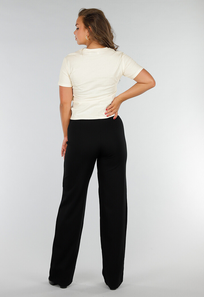 Beige Basic T-Shirt van Katoen met Stretch, Korte Mouwen en Losvallende Pasvorm