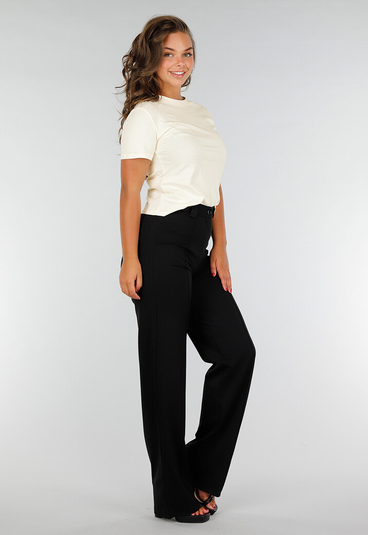 Beige Basic T-Shirt van Katoen met Stretch, Korte Mouwen en Losvallende Pasvorm