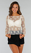 Crème Kanten Mesh Top met Bloemenprint en Stretch