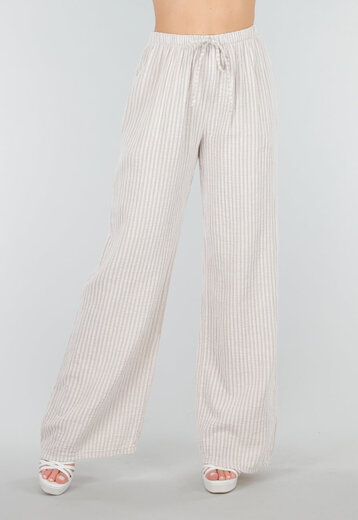 Beige Linnenlook Broek van Katoen en met Sierstrik
