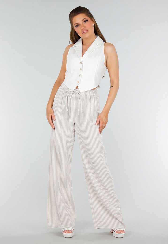 Beige Witte Katoenen Broek met Verticale Strepen en Stretch