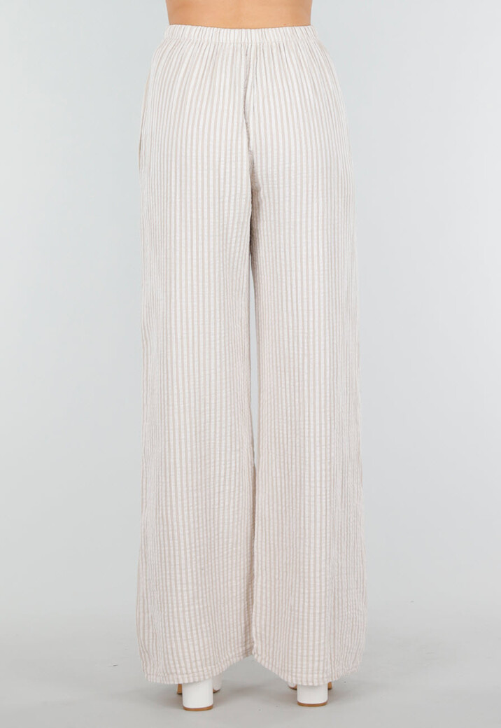 Beige Witte Katoenen Broek met Verticale Strepen en Stretch