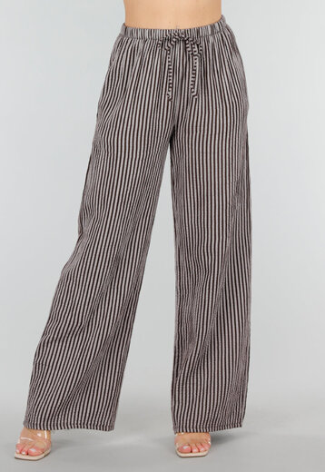 Bruine High Waist Broek van Katoen met Strepen