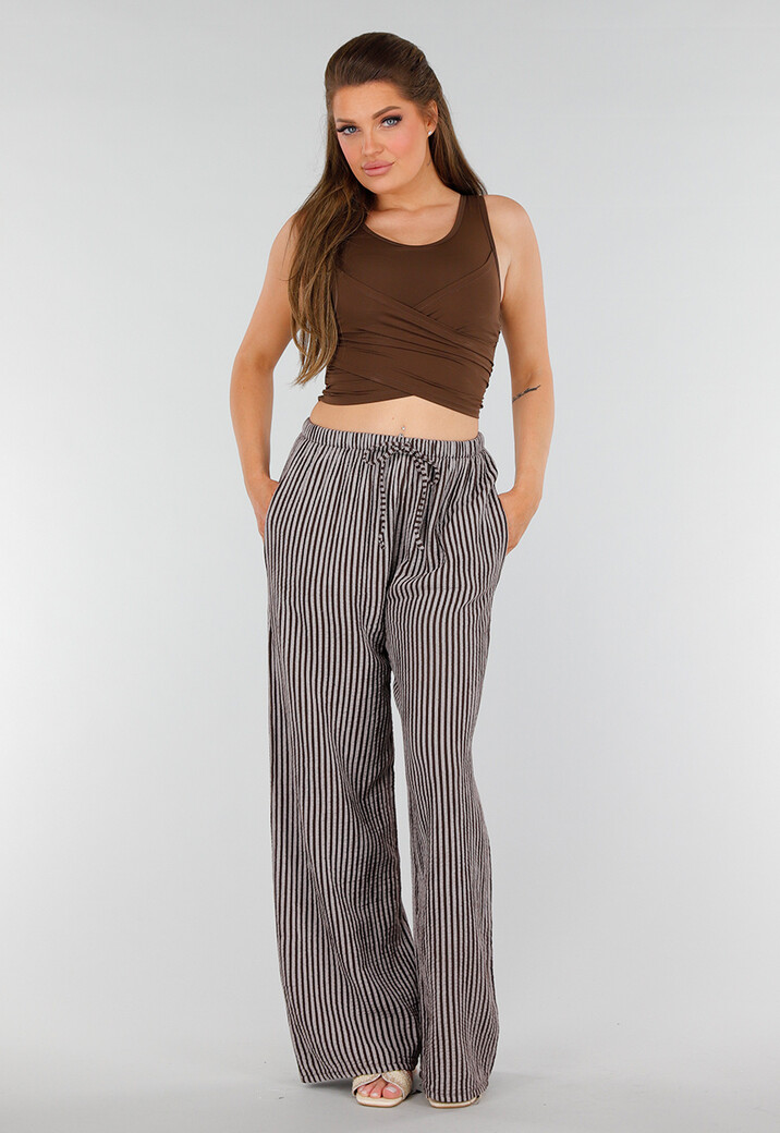 Bruin Witte Katoenen Broek met Verticale Strepen en Stretch