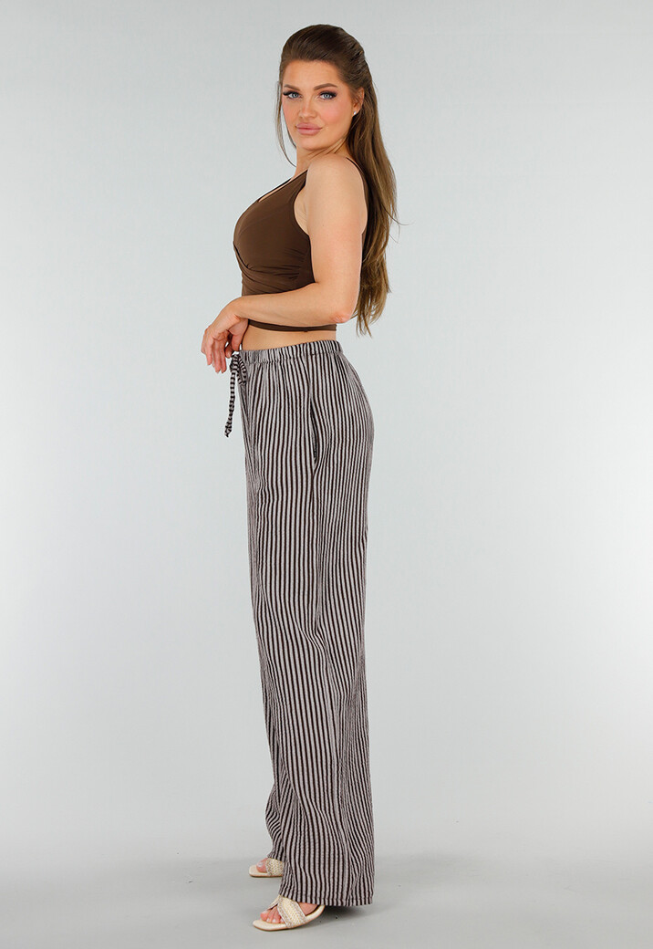 Bruin Witte Katoenen Broek met Verticale Strepen en Stretch