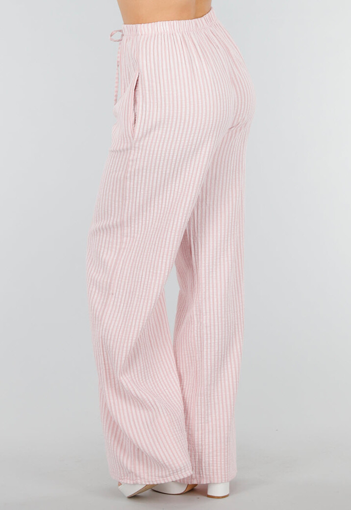 Lichtroze Witte Broek van Katoen met Strepen en Stretch