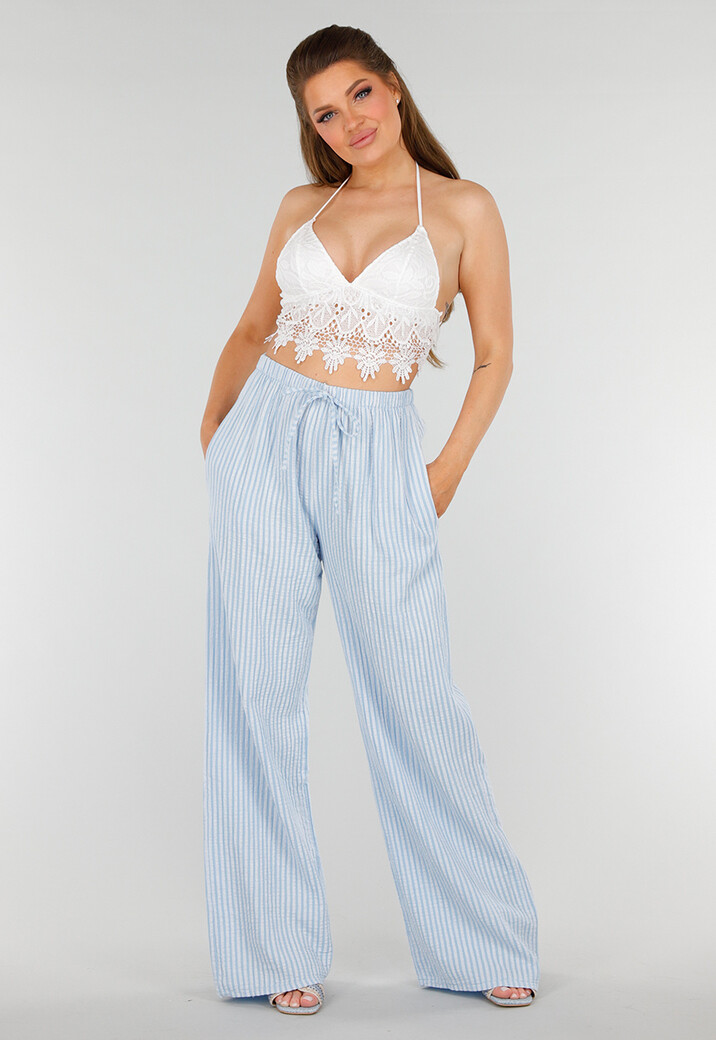 Lichtblauw Witte Broek van Katoen met Sierstrik en Stretch