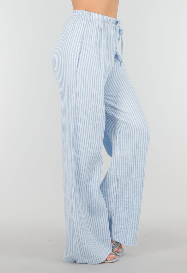 Lichtblauw Witte Broek van Katoen met Sierstrik en Stretch