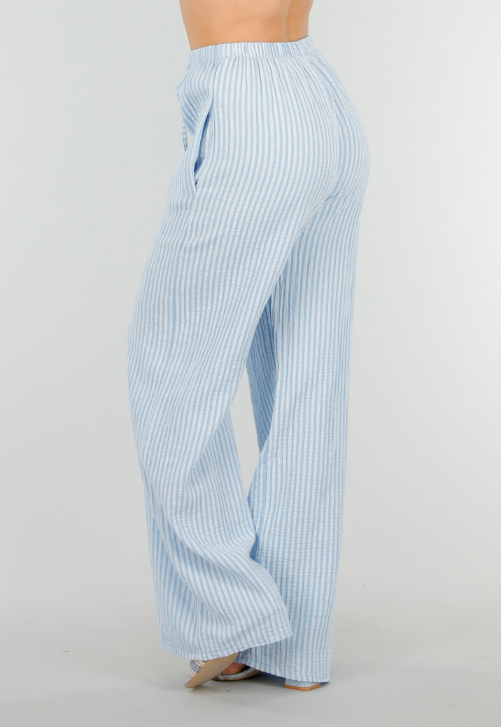 Lichtblauw Witte Broek van Katoen met Sierstrik en Stretch