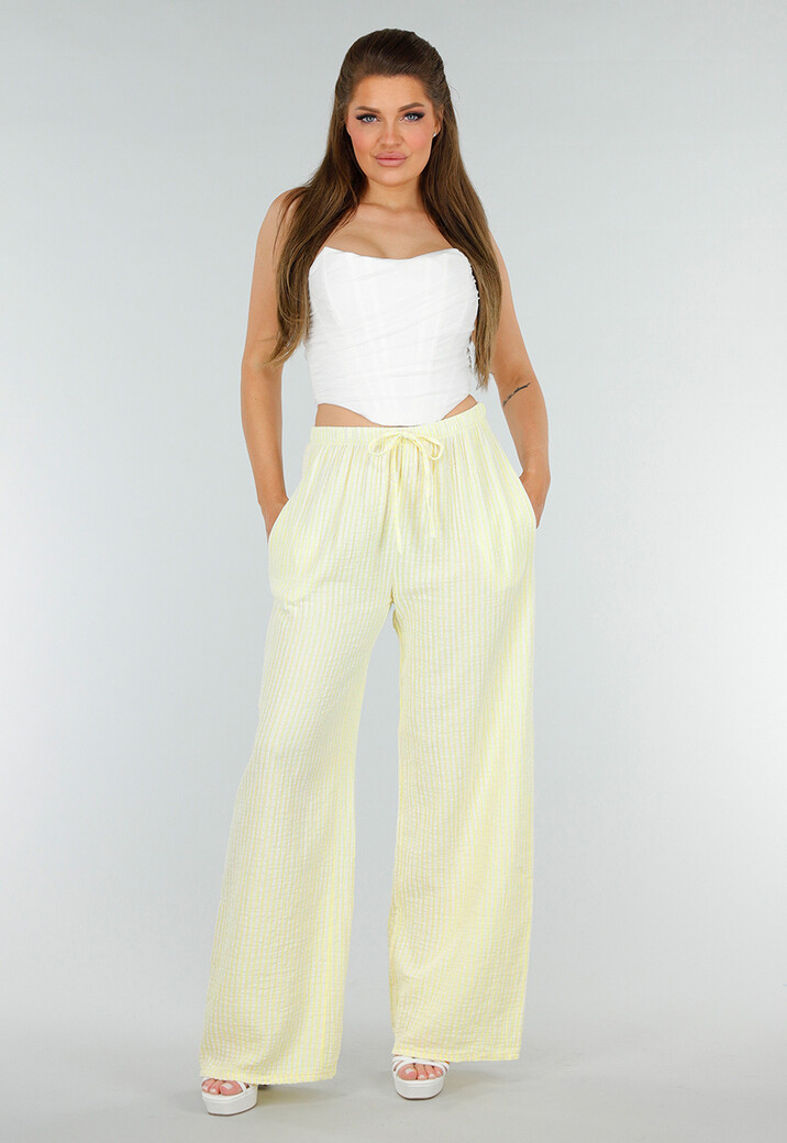 Geel Witte High Waist Broek van Katoen met Sierstrik