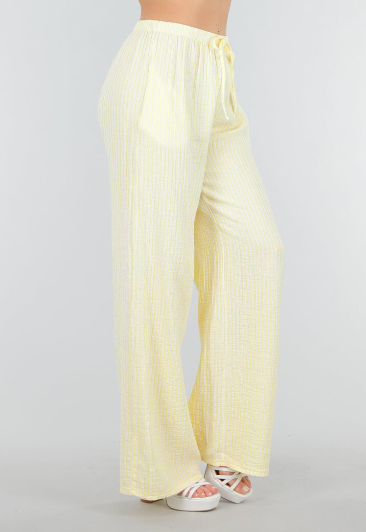 Geel Witte High Waist Broek van Katoen met Sierstrik