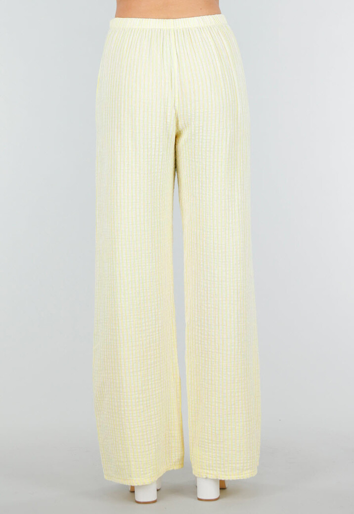 Geel Witte High Waist Broek van Katoen met Sierstrik