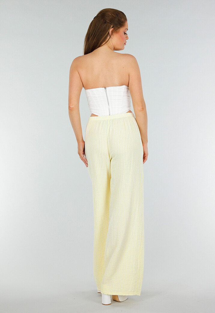 Geel Witte High Waist Broek van Katoen met Sierstrik