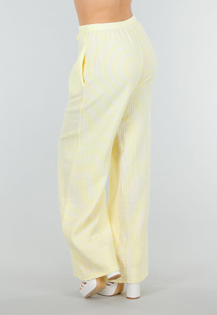 Geel Witte High Waist Broek van Katoen met Sierstrik