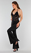 Zwarte Jumpsuit met Kanten Haltertop, V-Hals en Flared Pijpen