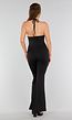 Zwarte Jumpsuit met Kanten Haltertop, V-Hals en Flared Pijpen