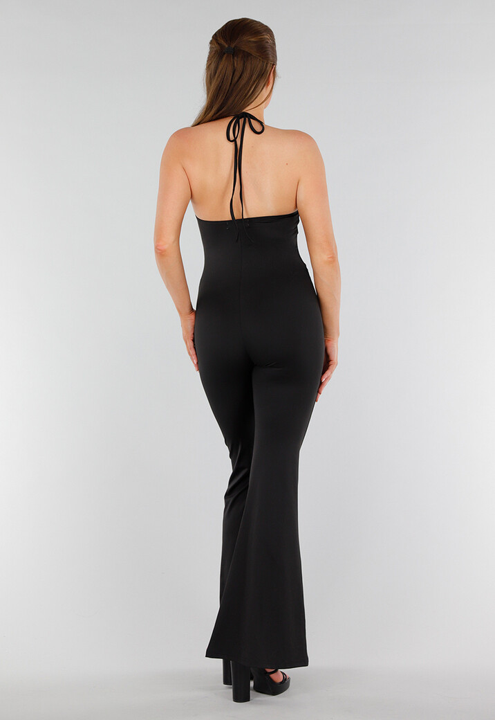 Zwarte Jumpsuit met Kanten Haltertop, V-Hals en Flared Pijpen