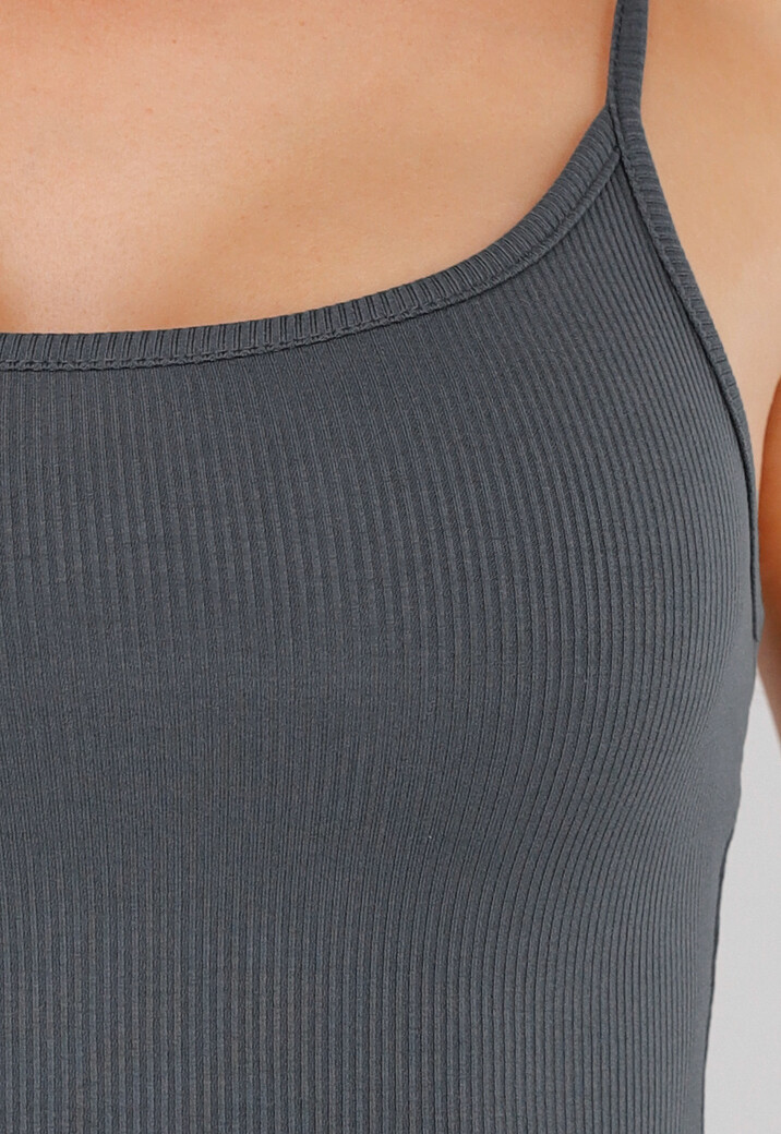 Grijze Playsuit met Ribstructuur, Stretch en Rechte Hals