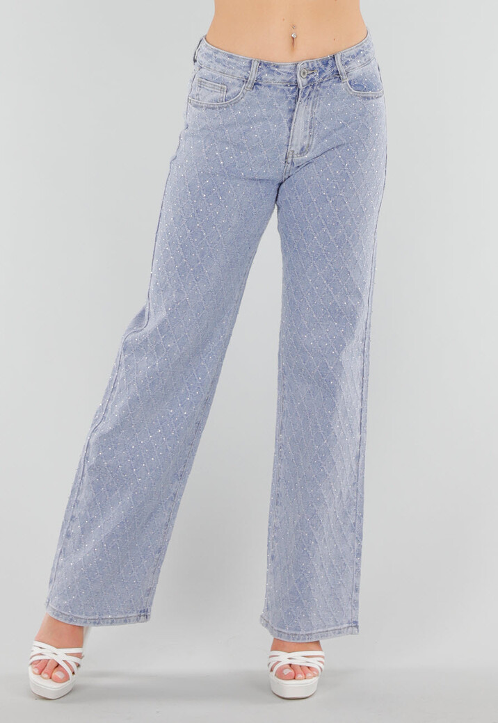 Blauwe Geruwde Jeans met Strass, Mid Waist en Rechte Stretch Fit