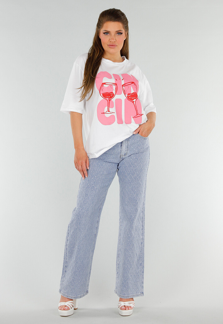 Blauwe Geruwde Jeans met Strass, Mid Waist en Rechte Stretch Fit