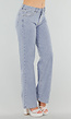 Blauwe Geruwde Jeans met Strass, Mid Waist en Rechte Stretch Fit