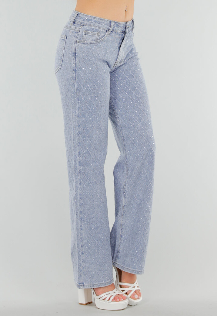 Blauwe Geruwde Jeans met Strass, Mid Waist en Rechte Stretch Fit