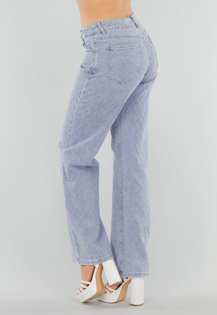Blauwe Geruwde Jeans met Strass, Mid Waist en Rechte Stretch Fit