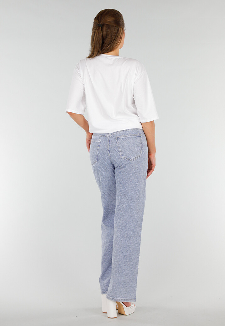 Blauwe Geruwde Jeans met Strass, Mid Waist en Rechte Stretch Fit