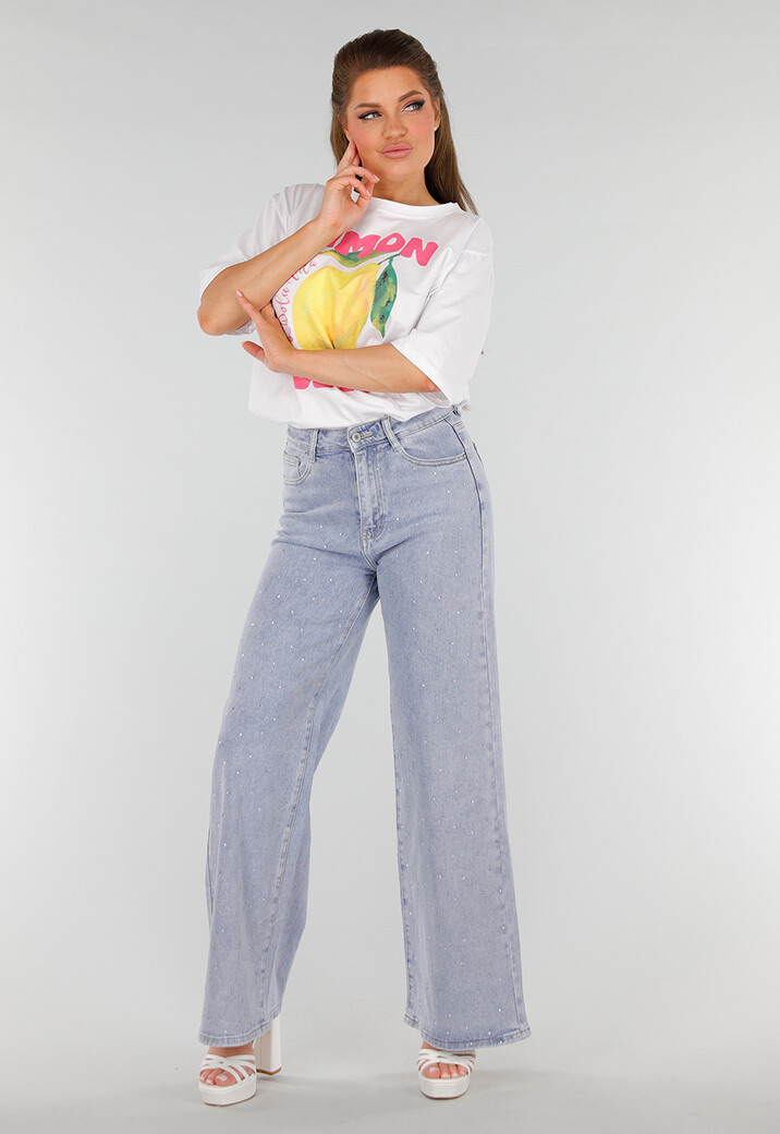 Blauwe Denim Jeans met Strass, High Waist en Rechte Stretch Fit