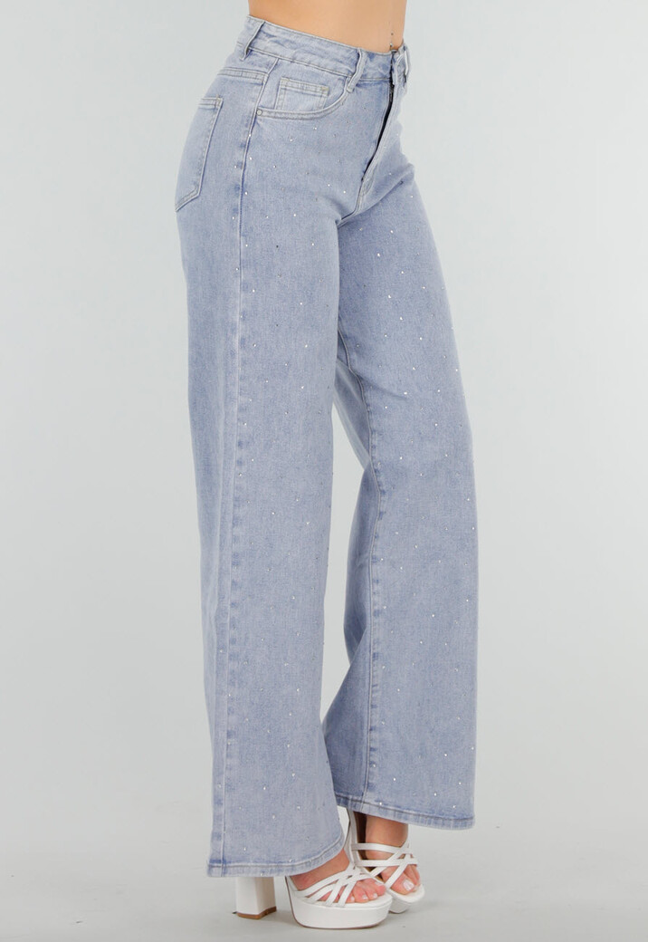 Blauwe Denim Jeans met Strass, High Waist en Rechte Stretch Fit