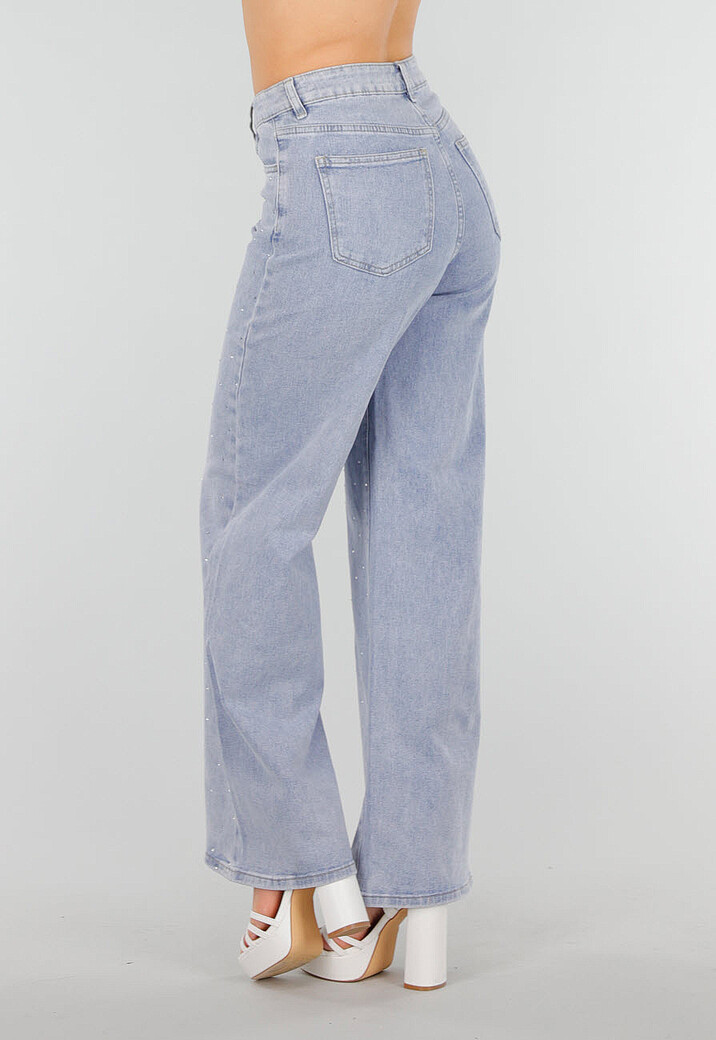 Blauwe Denim Jeans met Strass, High Waist en Rechte Stretch Fit