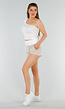 Witte Short met Beige Strepen, Stretch en High Waist Pasvorm