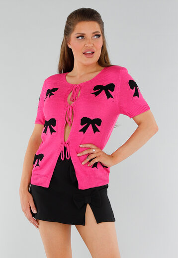 Roze Top met Strikjes en Gebreide Look