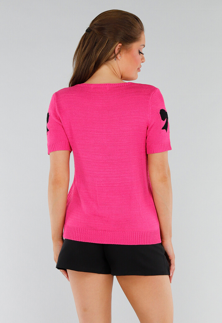 Roze Gebreide Top met Stretch, Striksluiting en Strikjesprint