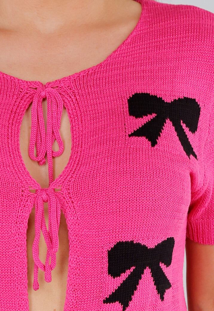 Roze Gebreide Top met Stretch, Striksluiting en Strikjesprint