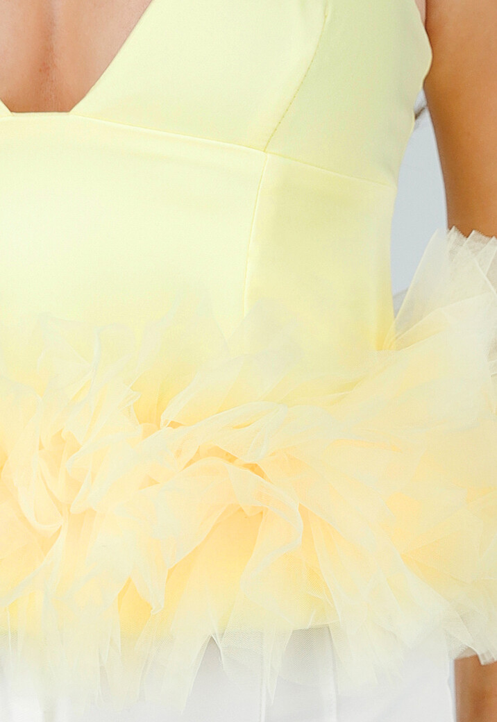 Botergele Tanktop met V-Hals en Tule Onderzijde met Stretch