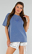 Blauw Katoenen T-Shirt met Borduursel en Oversized Fit met Stretch