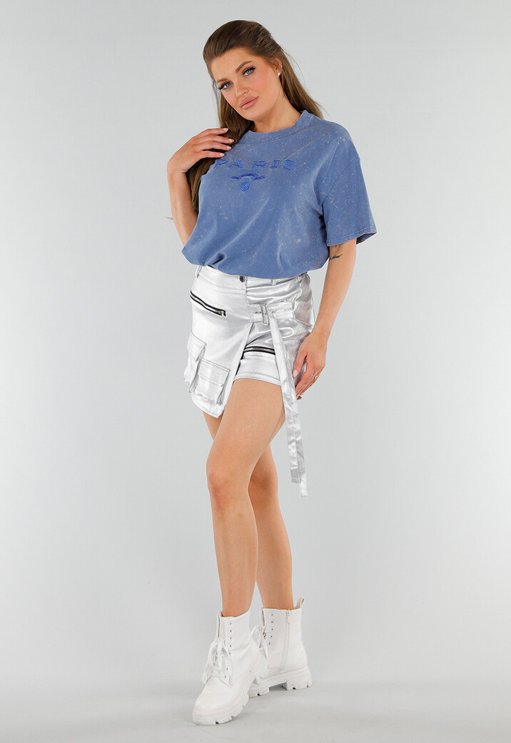 Blauw Katoenen T-Shirt met Borduursel en Oversized Fit met Stretch