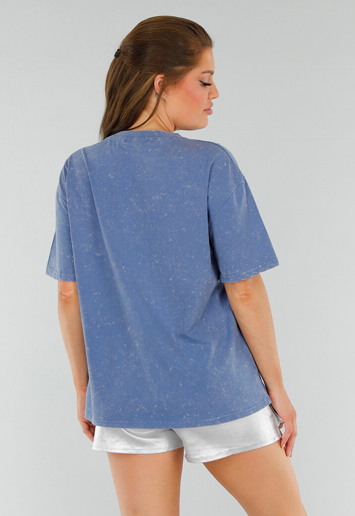 Blauw Katoenen T-Shirt met Borduursel en Oversized Fit met Stretch