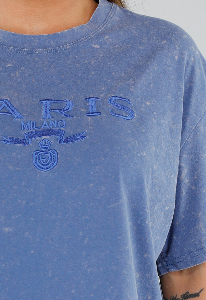 Blauw Katoenen T-Shirt met Borduursel en Oversized Fit met Stretch