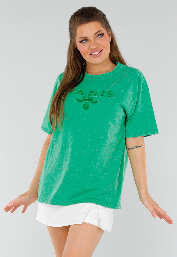 Groen Oversized Vintagelook Shirt van Katoen met Stretch