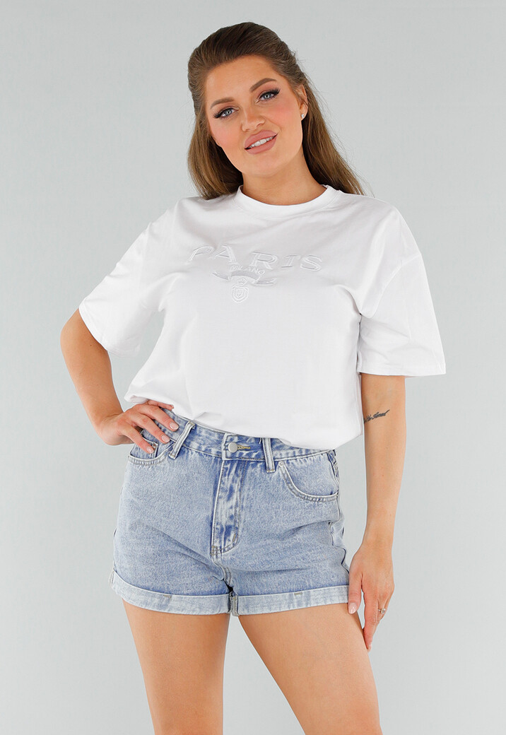 Wit Oversized Katoenen Shirt met Stretch en Paris Milano Borduur