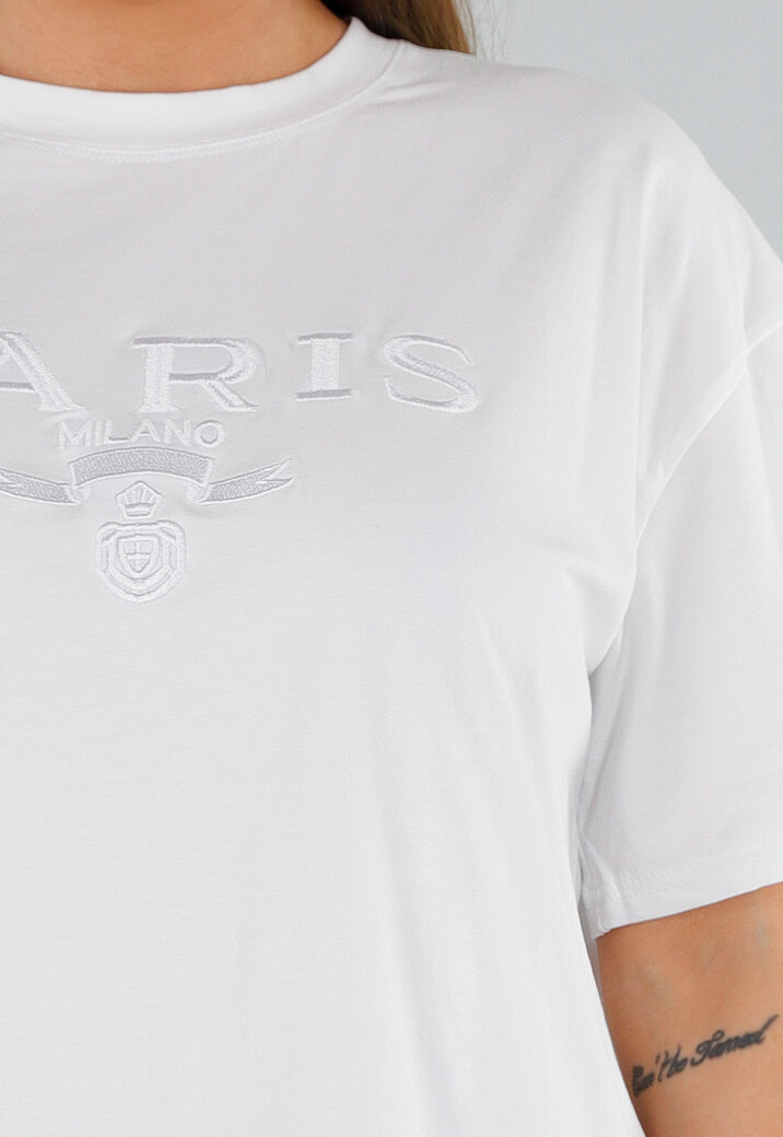 Wit Oversized Katoenen Shirt met Stretch en Paris Milano Borduur