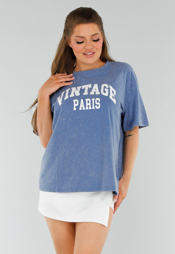 Blauw Oversized T-Shirt met Stretch en Witte Letteropdruk