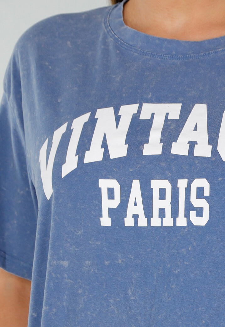 Blauw Oversized T-Shirt met Stretch en Witte Letteropdruk