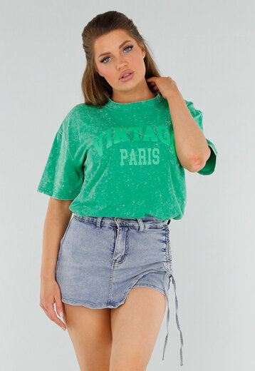 Groen Oversized Acid Wash Shirt met Tekst